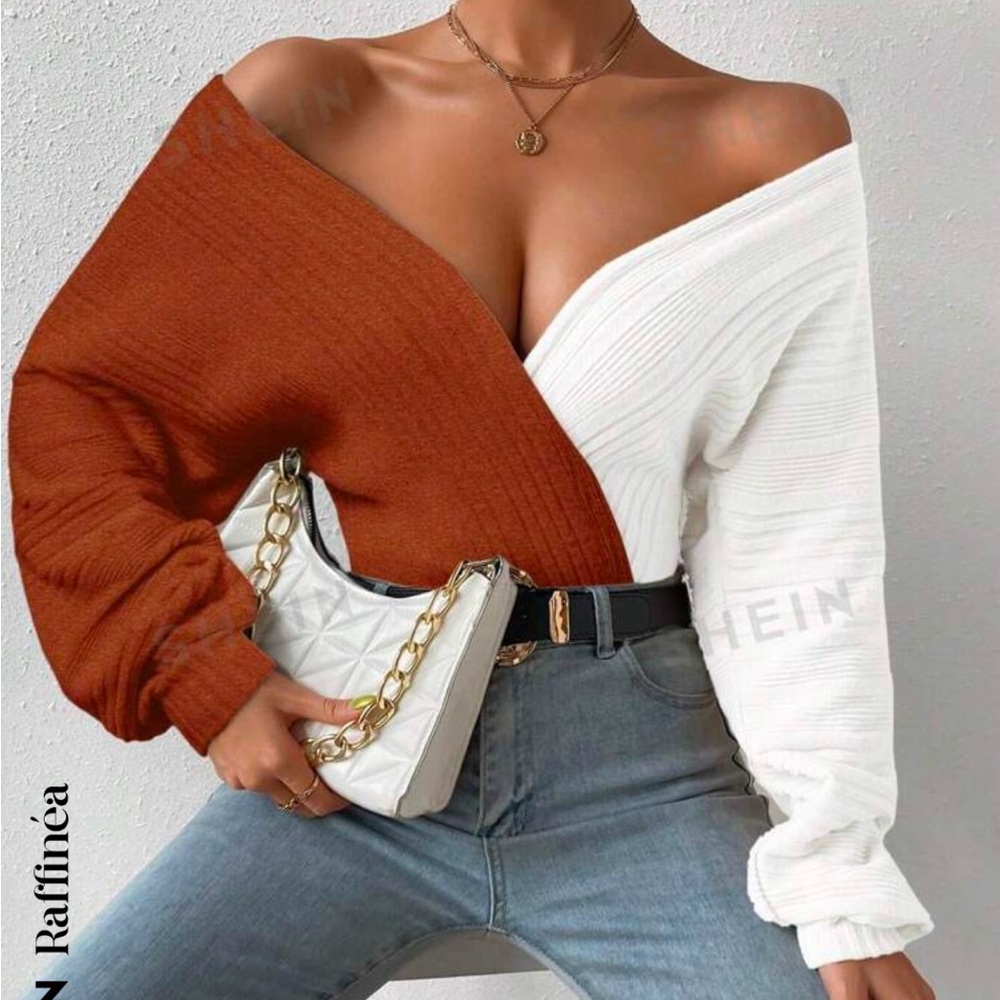 Raffi Red and White Off-the-Shoulder Sweater